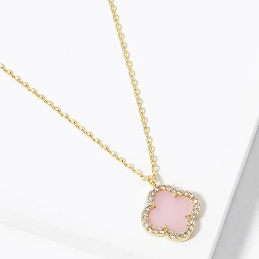 13mm Gold Plated CZ Pave Pink Enamel Filled Quatrefoil Necklace